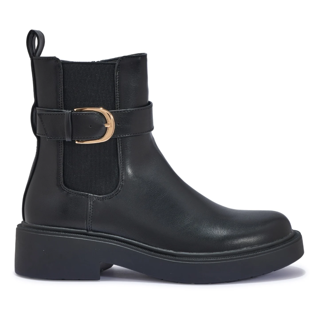 Black Chunky Sole Gold Buckle Ankle Boot