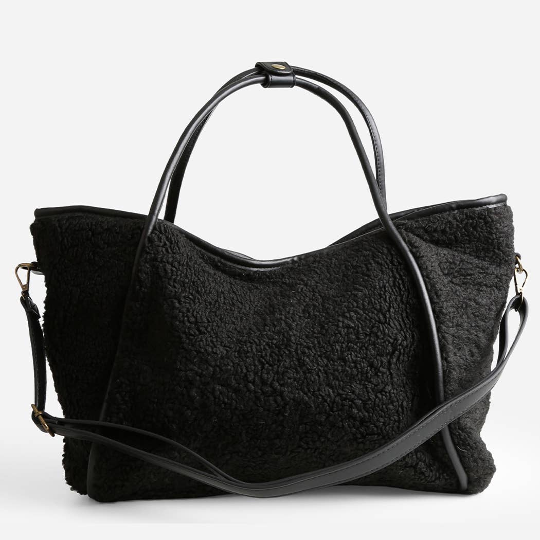 Black Faux Sheepskin Shoulder Tote Bag