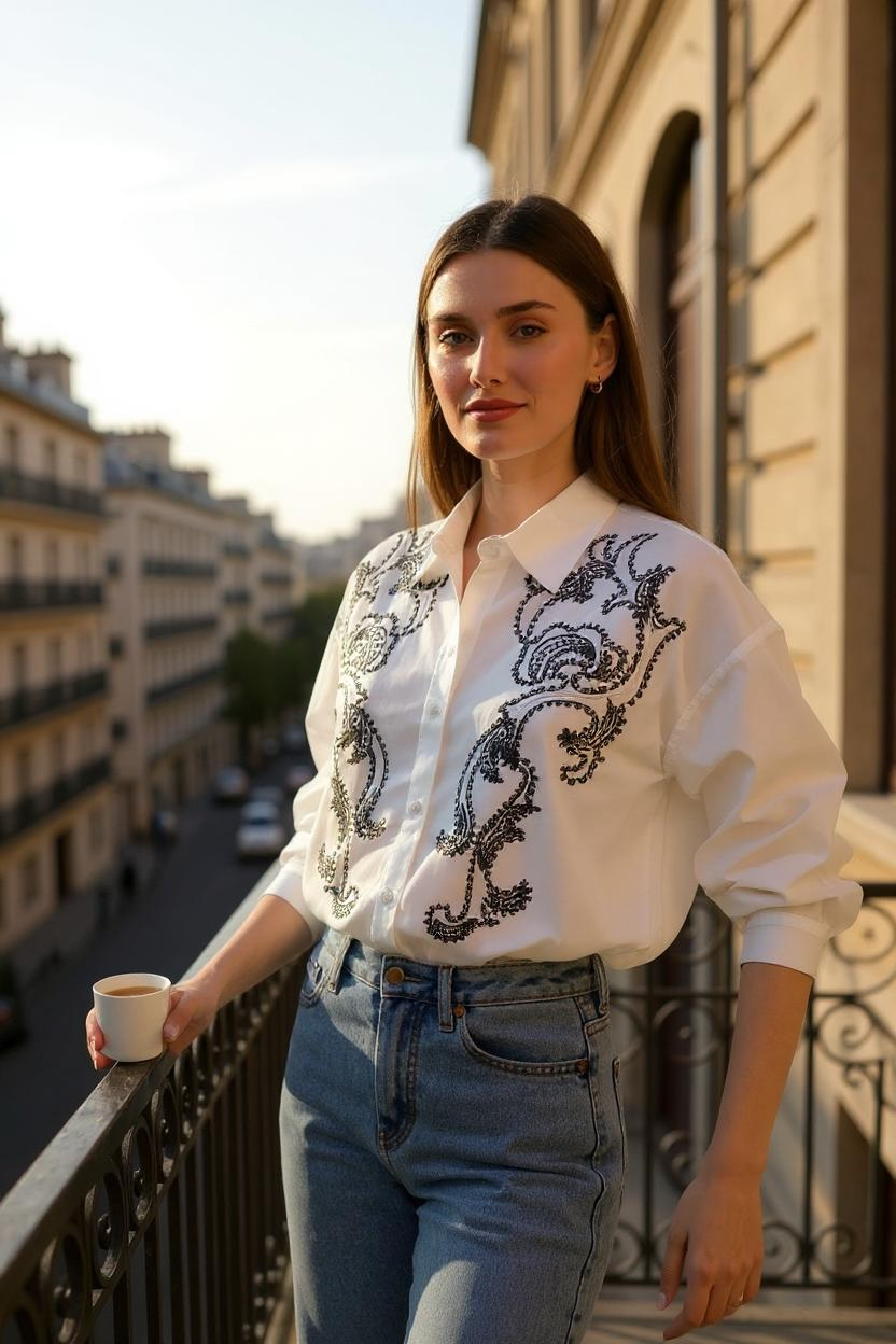Cream Embroidered Beaded Cotton Shirt