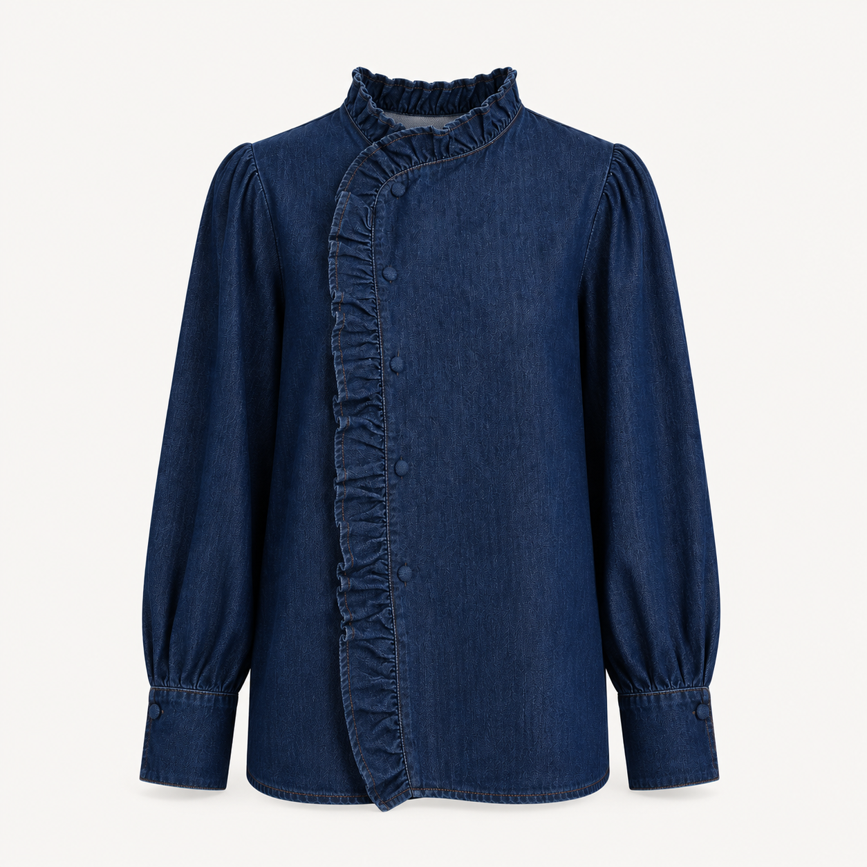 Denim Ruffle Front Shirt