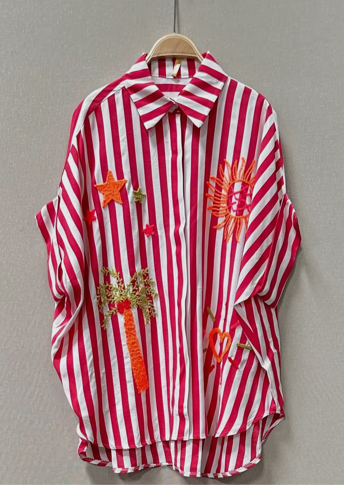Red Stripe Embroidered Short Sleeve Shirt