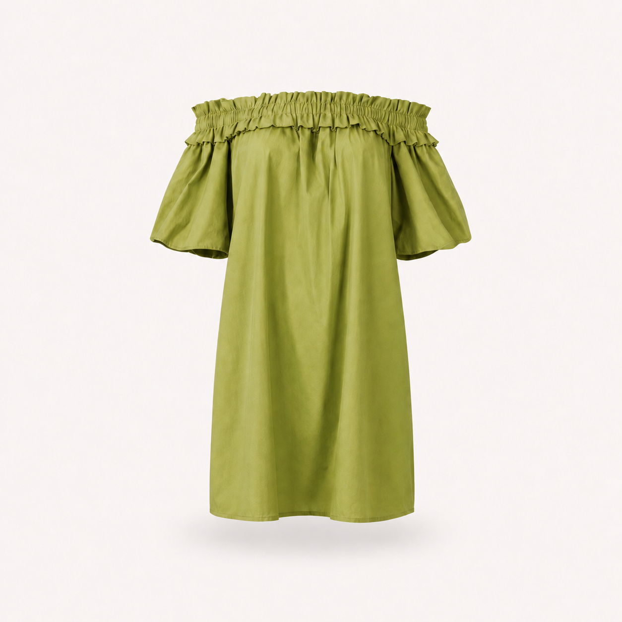 Green Gathered On/Off Shoulder Linen Dress
