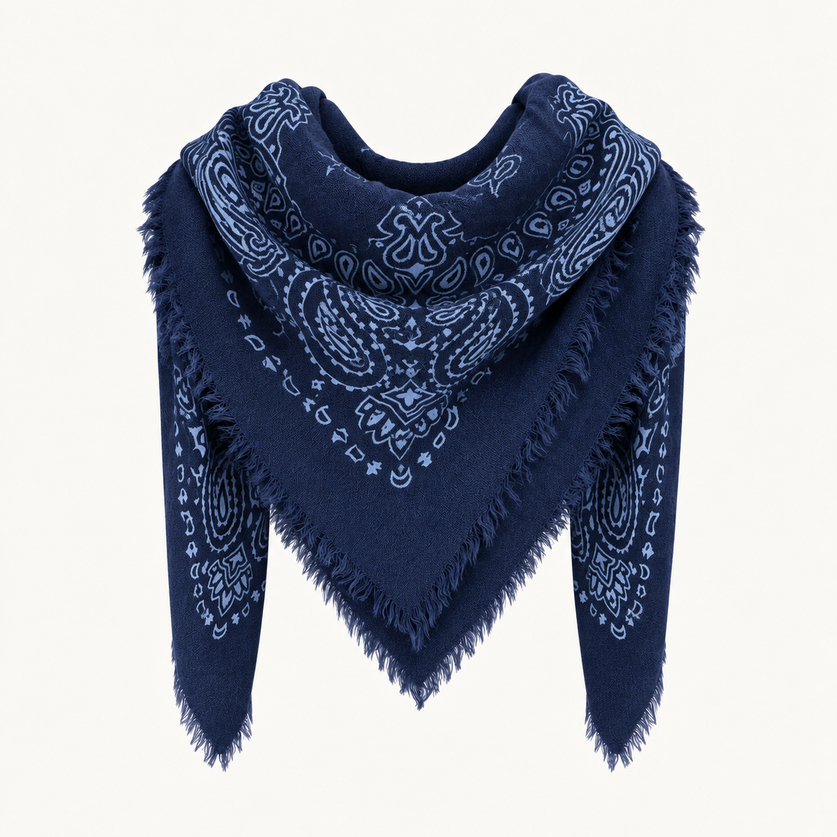 Navy Paisley Wool Blend Frayed Square Scarf