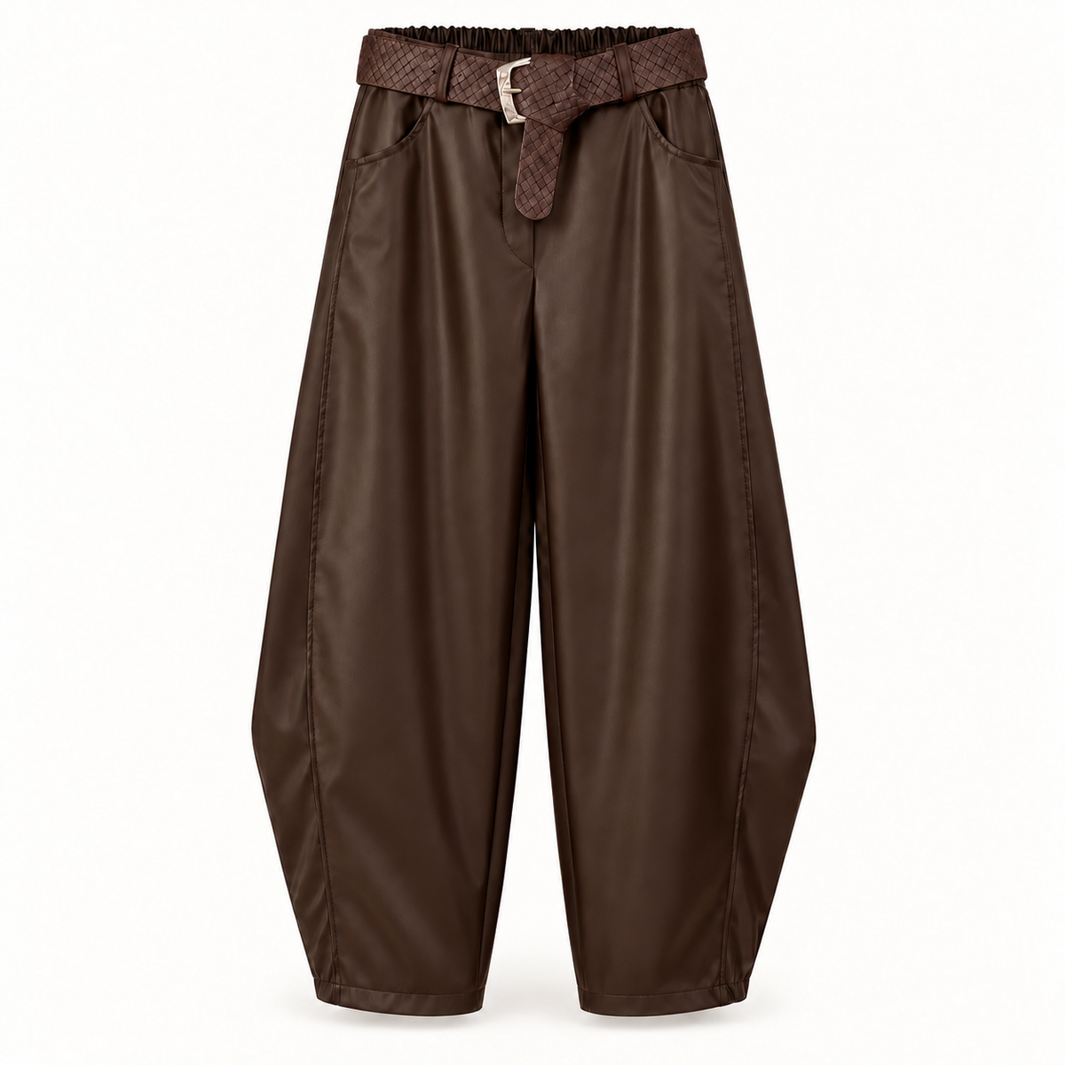 Brown Faux Leather Cocoon Trousers With Belt