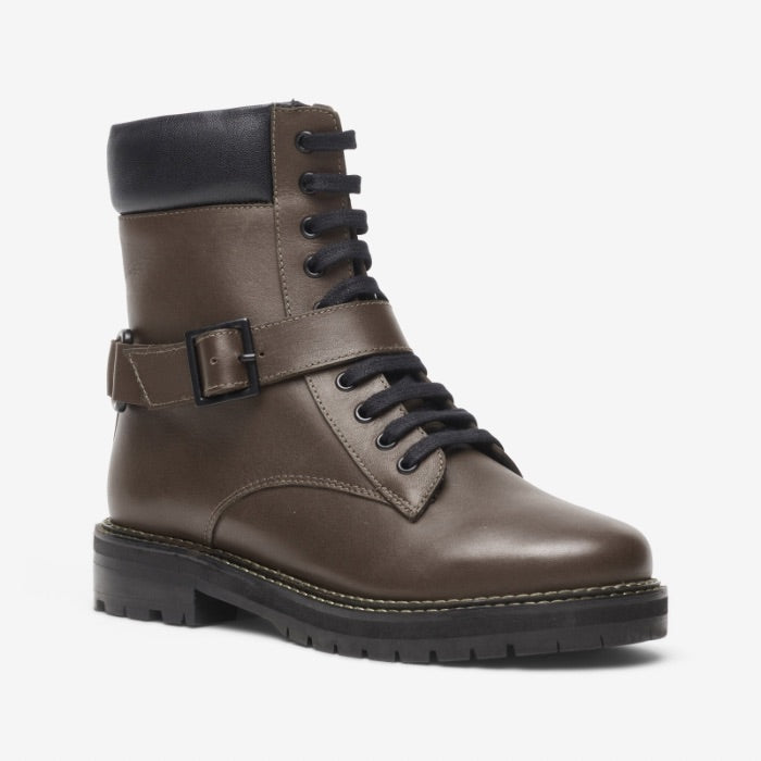 Khaki and Black Leather Lace Up Ankle Boot