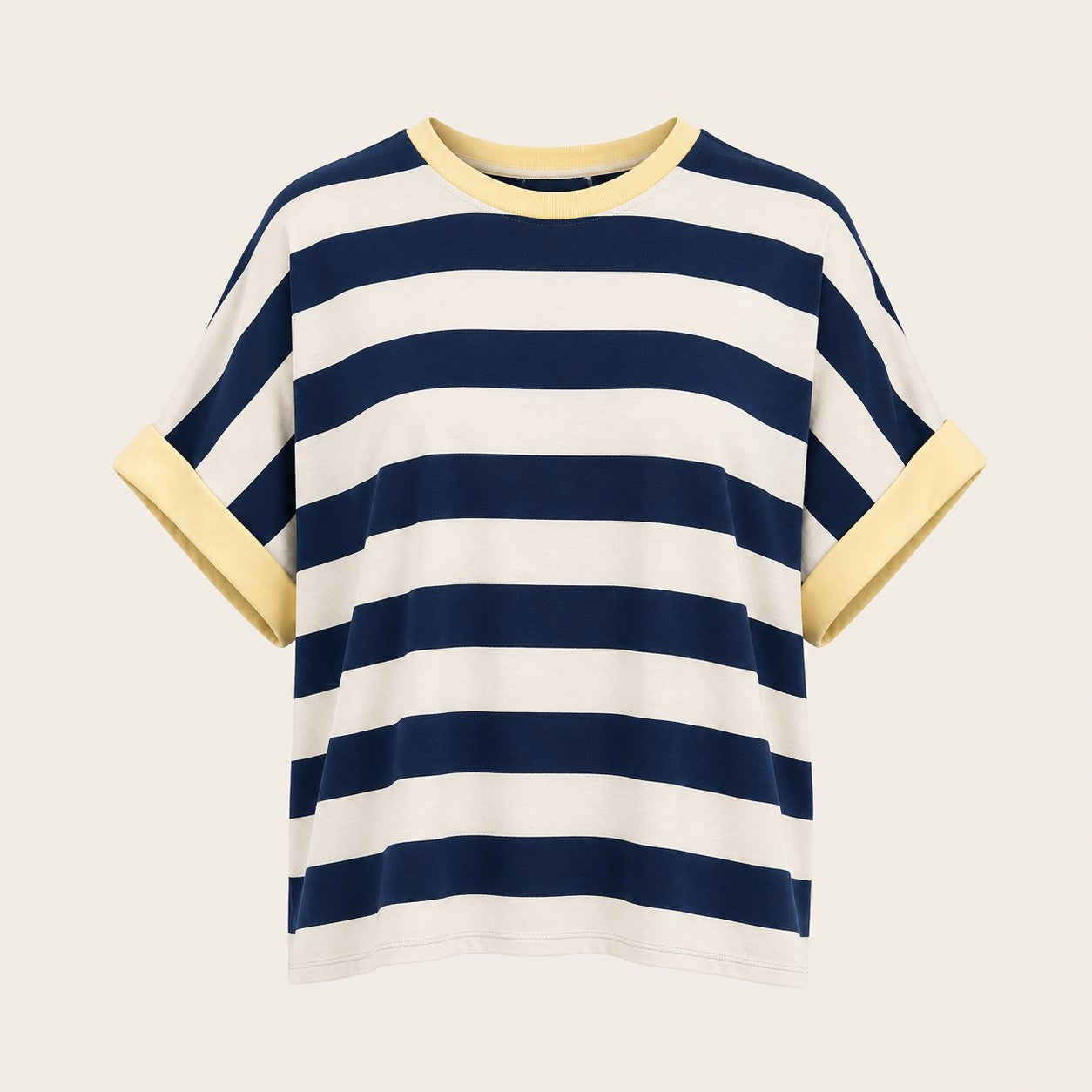 Feather & Sole navy and white striped cotton tee with buttery yellow crew neck and folded sleeve cuffs.