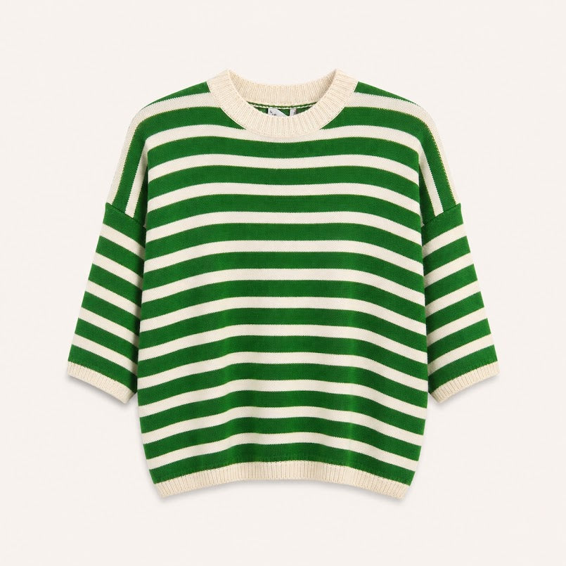 Green and Cream Stripe 3/4 Alpaca Knit Top