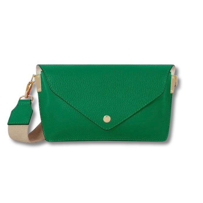 Italian Leather Crossbody Bag with Canvas Strap Green