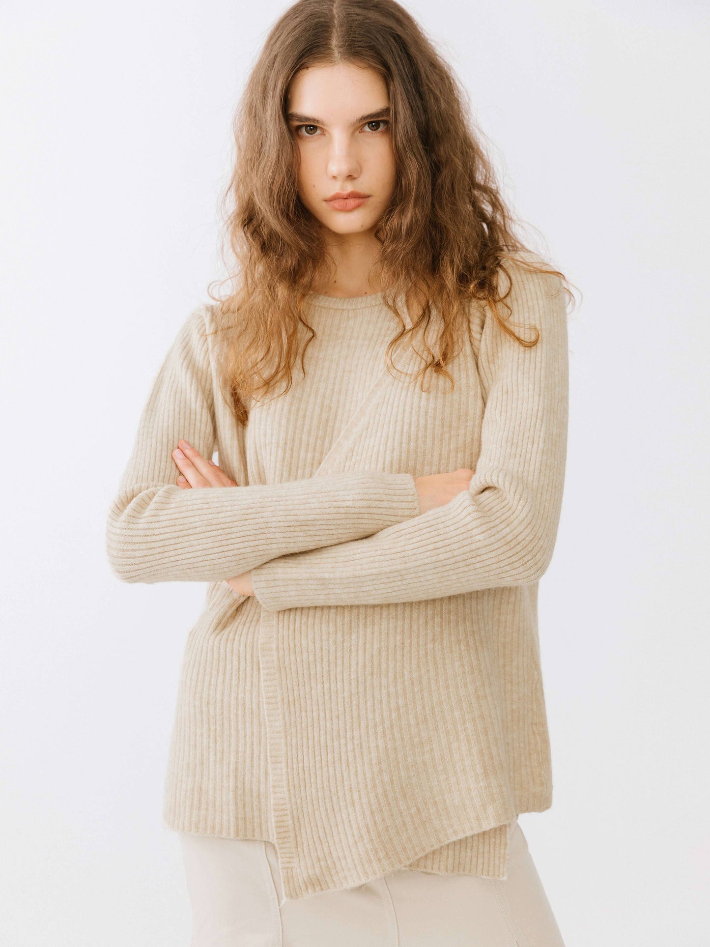 Taupe Crossover Ribbed Knit Jumper