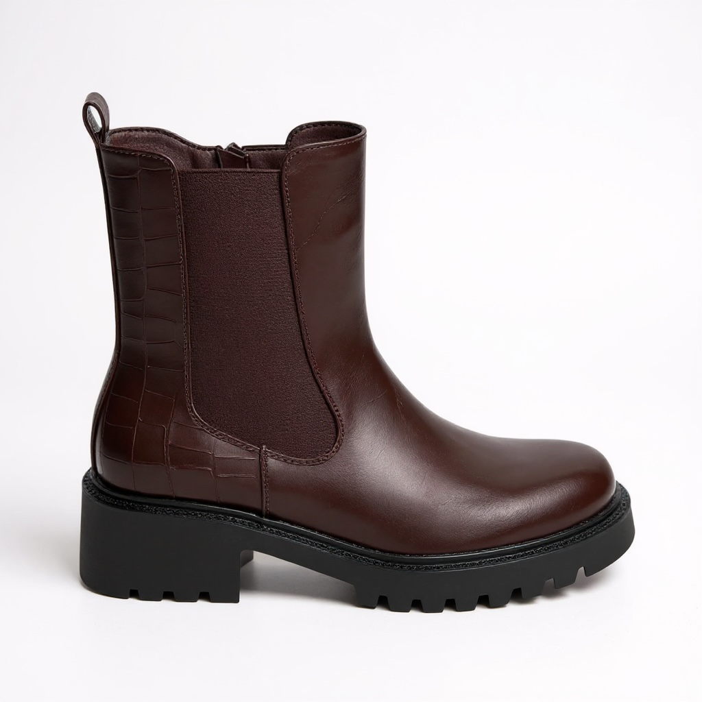 Bordeaux Croc Back Chunky Sole Ankle Boot