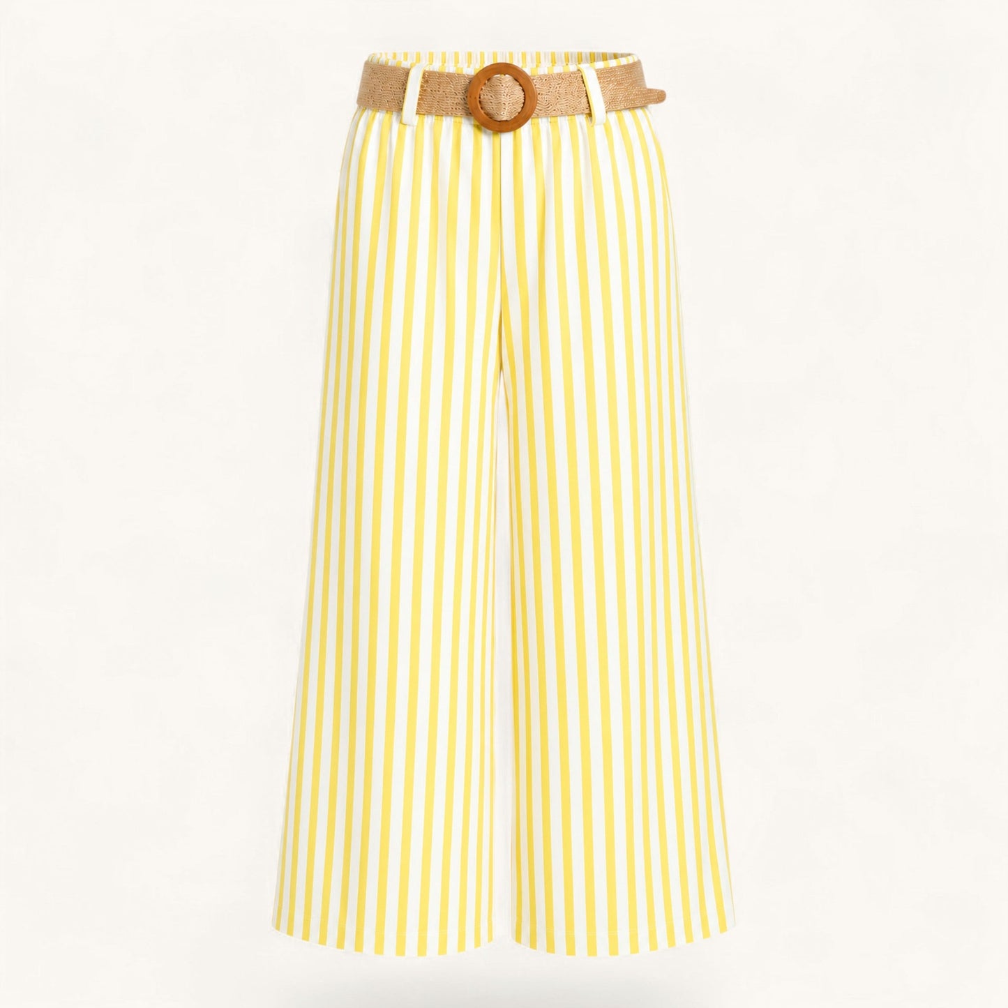 Feather & Sole lemon striped cotton trousers with an elasticated waist and raffia belt.