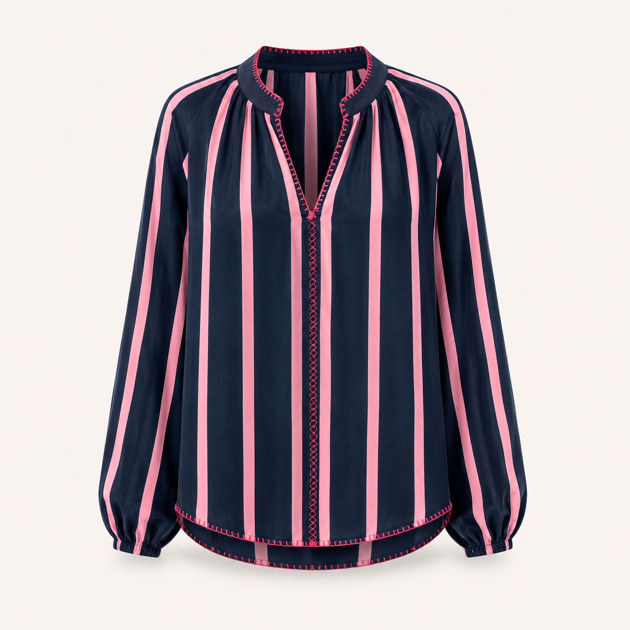 Navy/Pink Stripe with Contrast Stitch Cotton Over Shirt