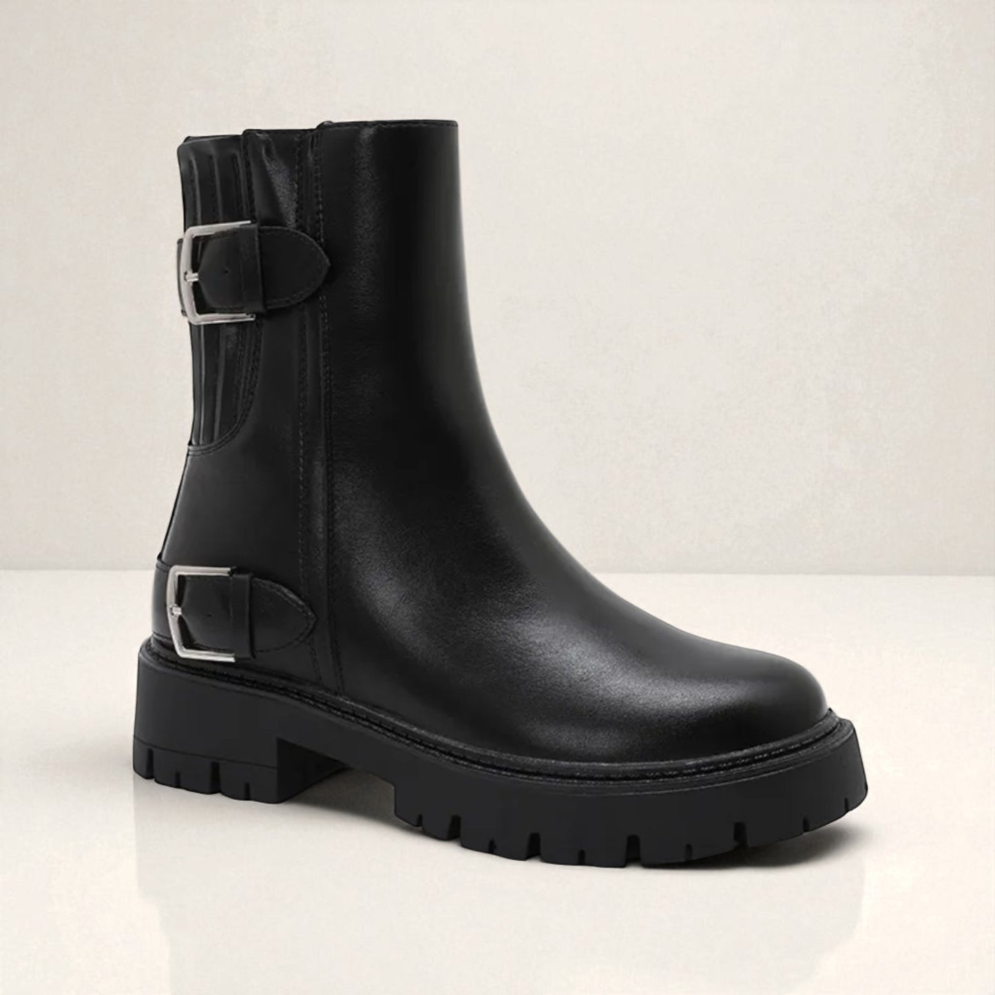 Black Ankle Boot With Silver Buckle