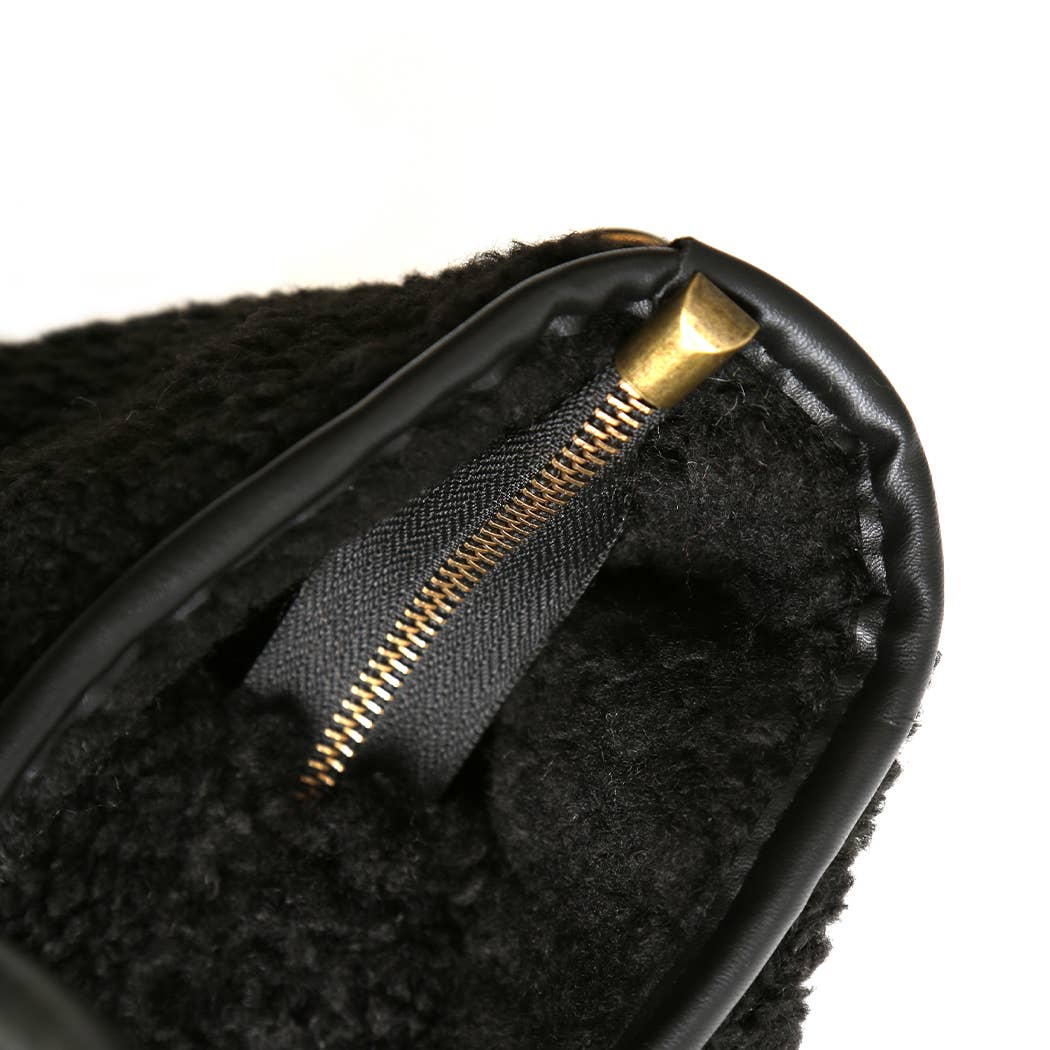 Black Faux Sheepskin Shoulder Tote Bag