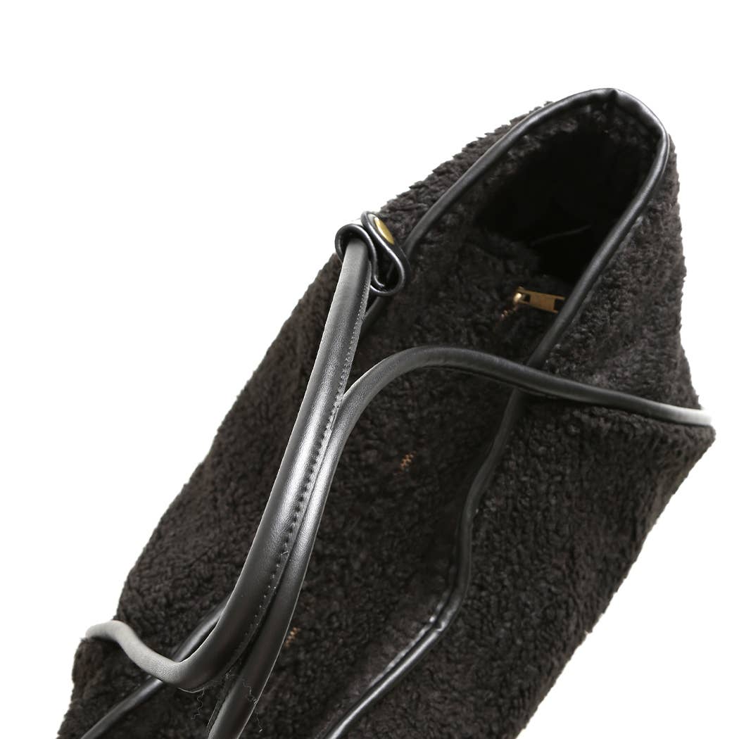 Black Faux Sheepskin Shoulder Tote Bag