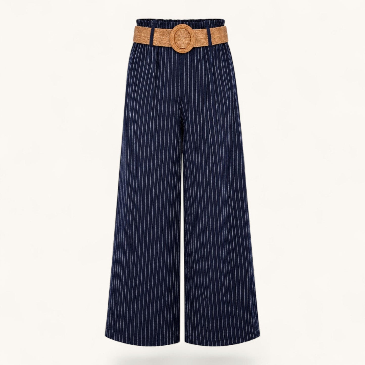 Feather & Sole navy pinstriped wide-leg trousers with a high-waisted paper-bag fit and a woven straw-effect belt.