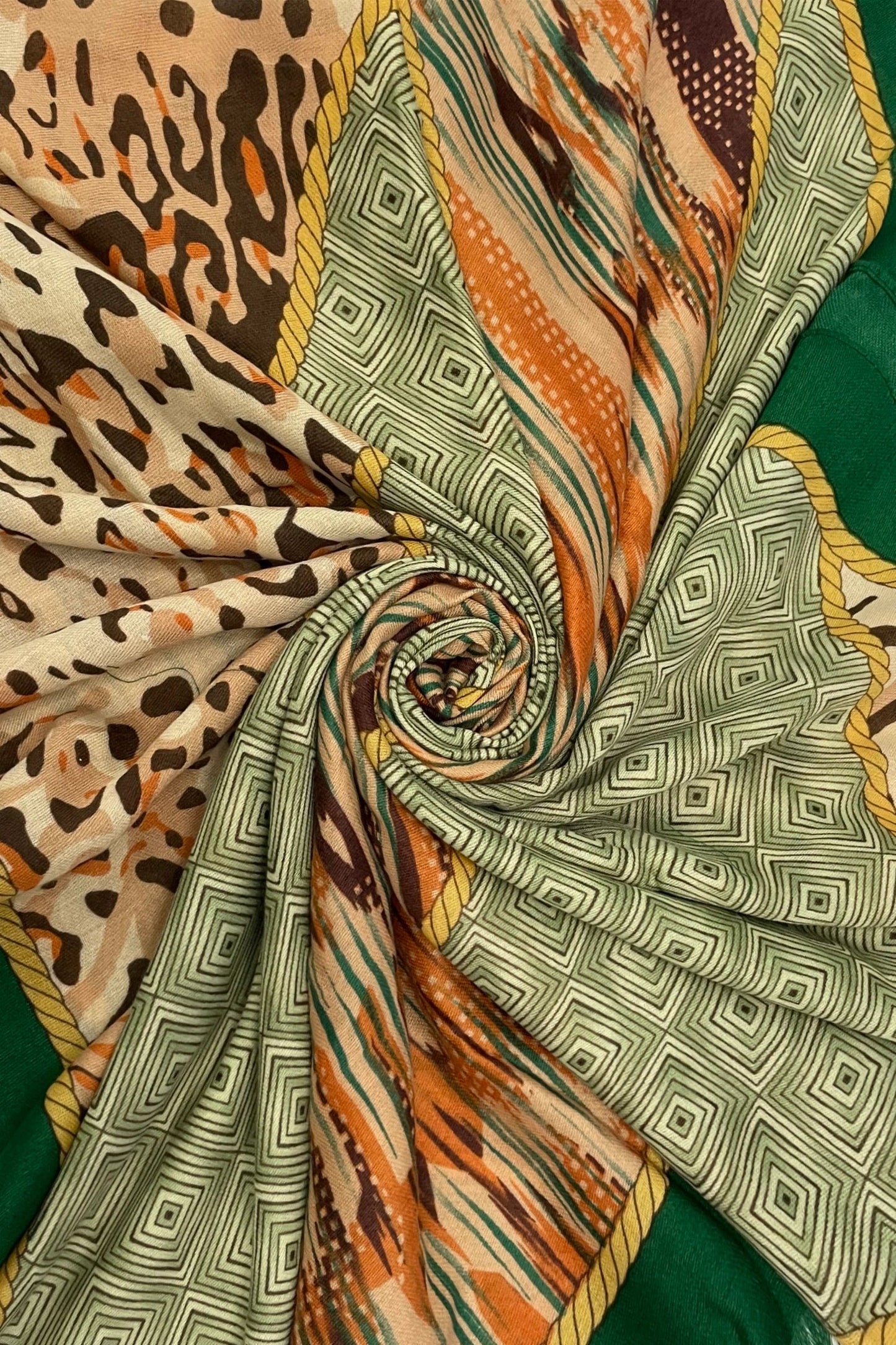 Green Leopard And Geometric Stripe Scarf