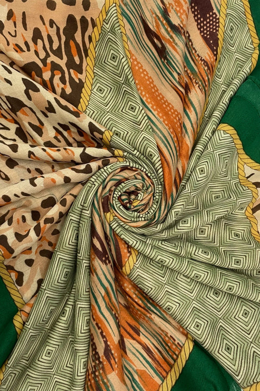 Green Leopard And Geometric Stripe Scarf