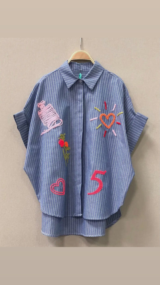Blue Stripe Embroidered Short Sleeve Shirt
