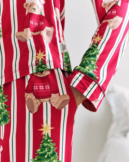 Christmas Teddy Bear Stripe Print Long Pyjama Set