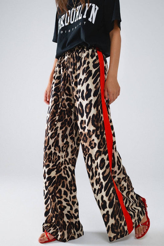 Leopard Straight Trousers With Red Stripes