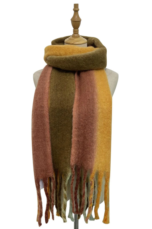 Khaki/Mint/Orange Hand Dyed Multi Stripe Tassel Blanket Scarf