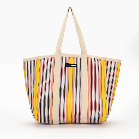 Yellow/Pink/Black Striped Beach/Tote Bag