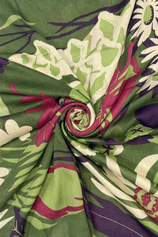 Green Bold Mixed Floral Print Frayed Scarf