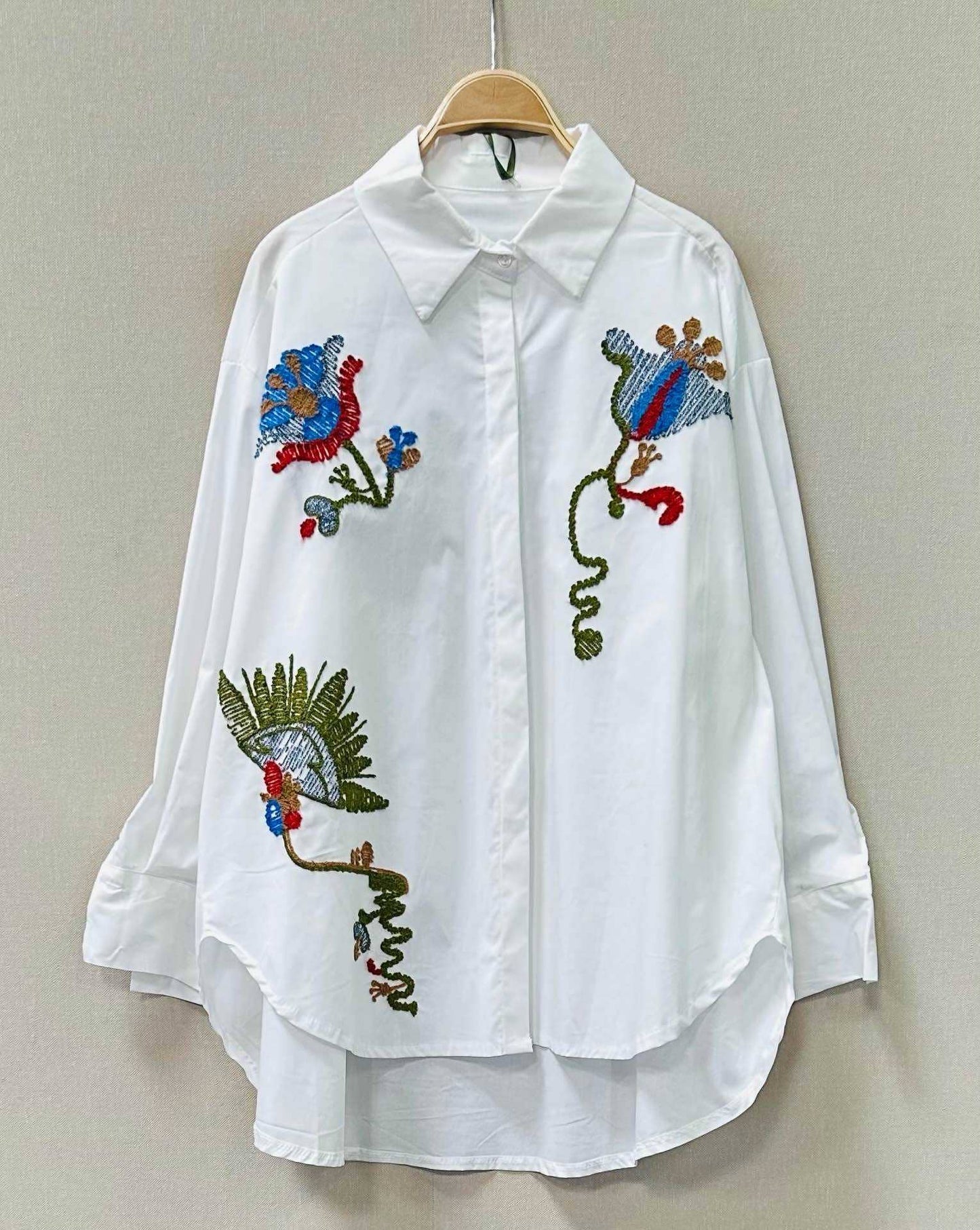 Flower Embroidered White Cotton Shirt