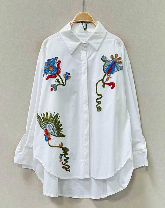 Flower Embroidered White Cotton Shirt
