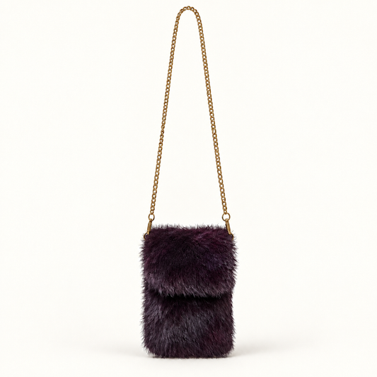 Plum Fur Gold Chain Strap Small Cross Body Bag