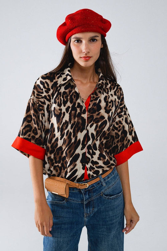 Leopard 3/4 Sleeve Shirt WIth Red Detail
