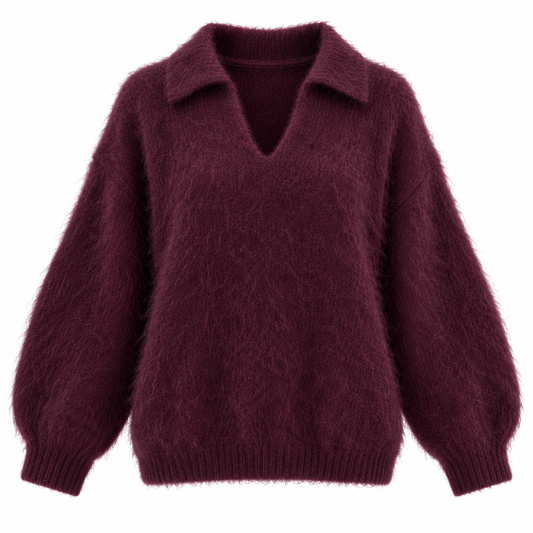Plum Mohair V Neck Collar Jumper