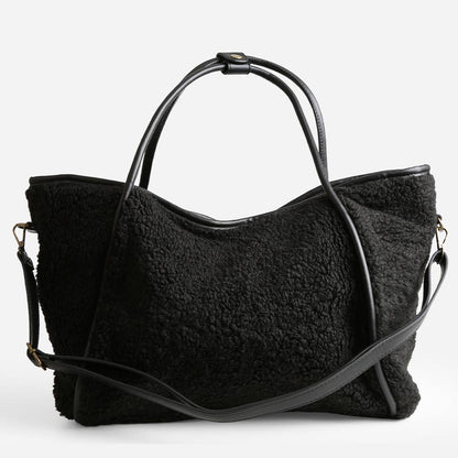 Black Faux Sheepskin Shoulder Tote Bag