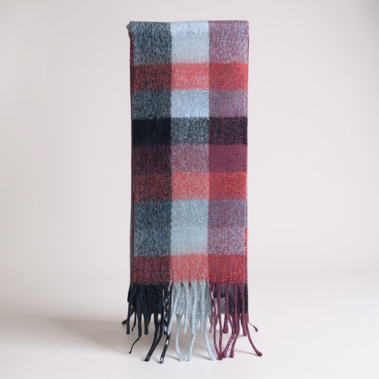 Plum/Coral/Grey Check Fluffy Blanket Scarf