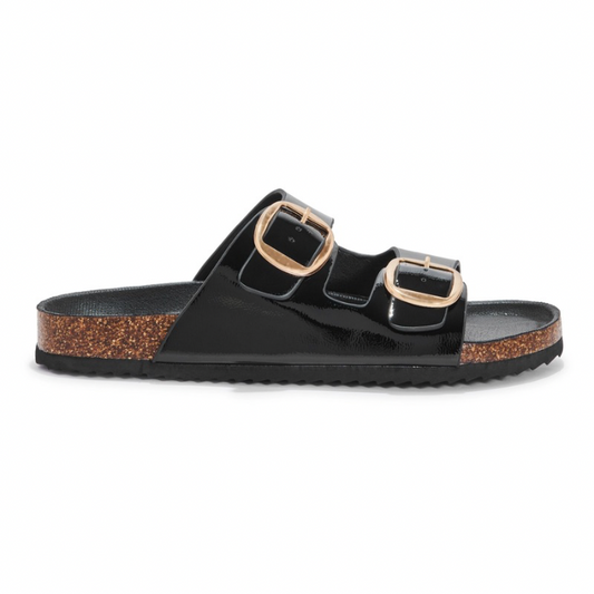 Black Gloss 2 Strap Slip on Footbed Sandal.