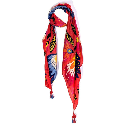 Red Flower Print Scarf with Tassels