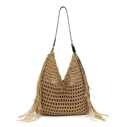 Tan Straw Tassel Hobo with Inside Pouch