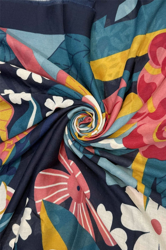 Navy Bold Mixed Floral Print Frayed Scarf