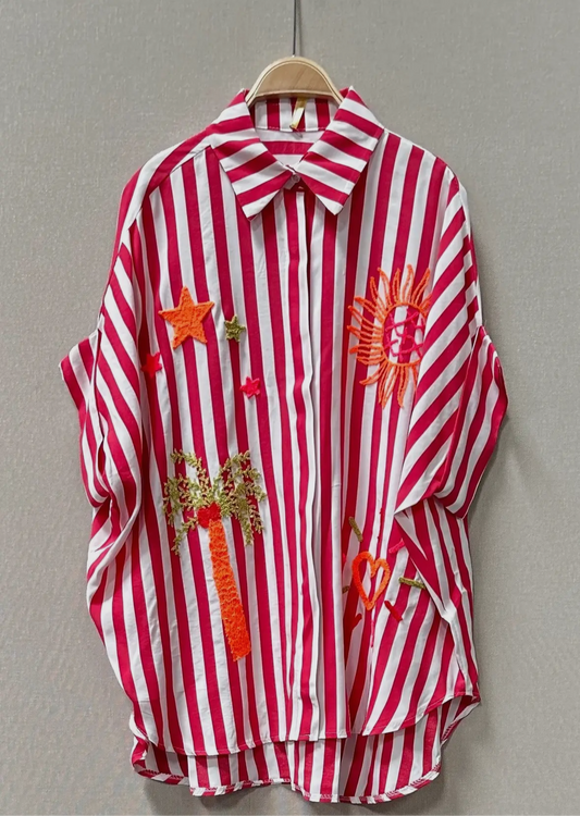 Red Stripe Embroidered Short Sleeve Shirt