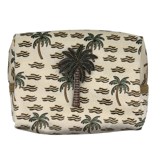 Sand palm make-up bag & green palm pin - recycled velvet