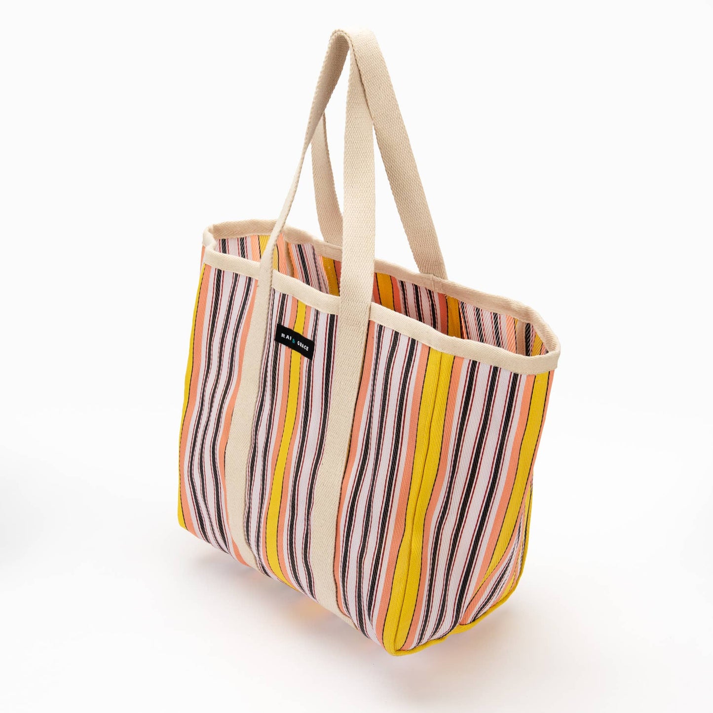 Yellow/Pink/Black Striped Beach/Tote Bag