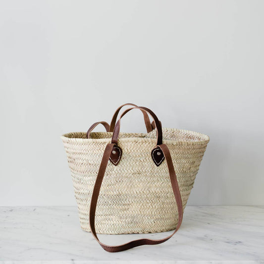 Brown Leather Strap Straw Bag