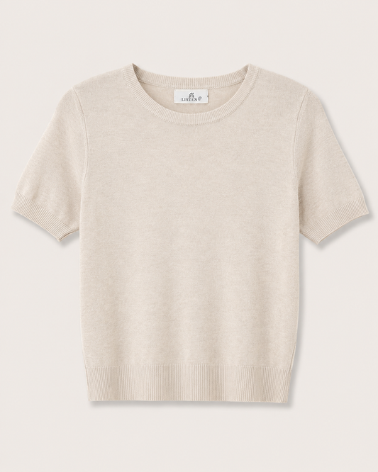 Beige Blue Short Sleeve Knit Top