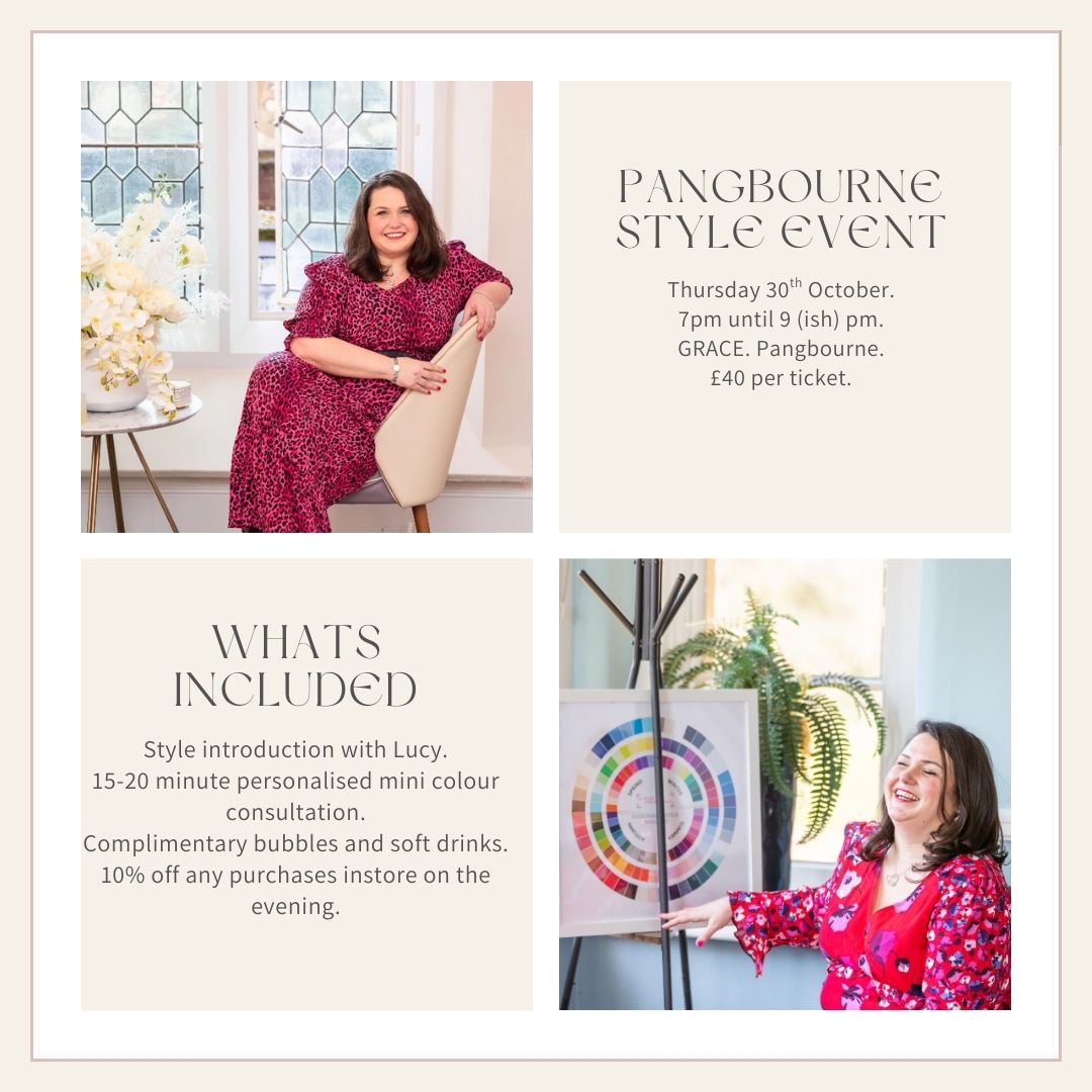 Promotional flyer for Pangbourne Style Event featuring a woman in a red dress and another with a color wheel.