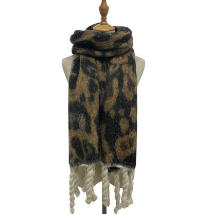 Leopard Blanket Scarf with Large Cream Tassel