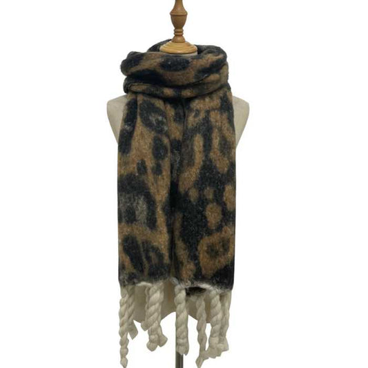 Leopard Blanket Scarf with Large Cream Tassel