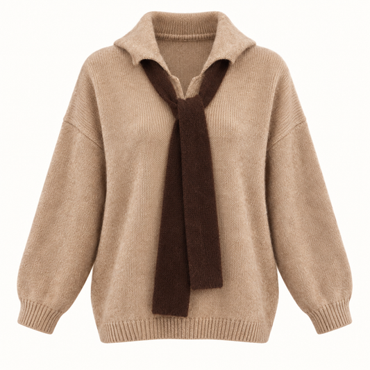 Camel Jumper with Brown Tie Scarf