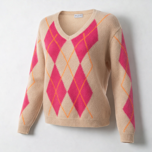 Pink/Cream/Orange Long Sleeve Argyle V Neck Jumper