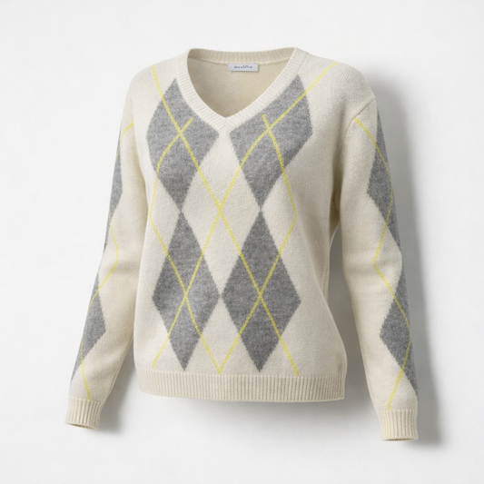 Cream/Grey/Yellow Long Sleeve Argyle V Neck Jumper